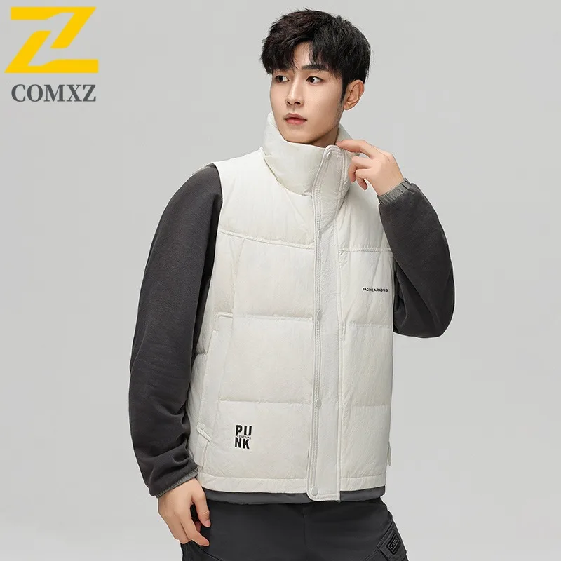 Autumn Winter Men's Down Sports Vest Stand Collar Casual  Loose  Waterproof Windproof Jacket Fit School Camping Hiking Fishing