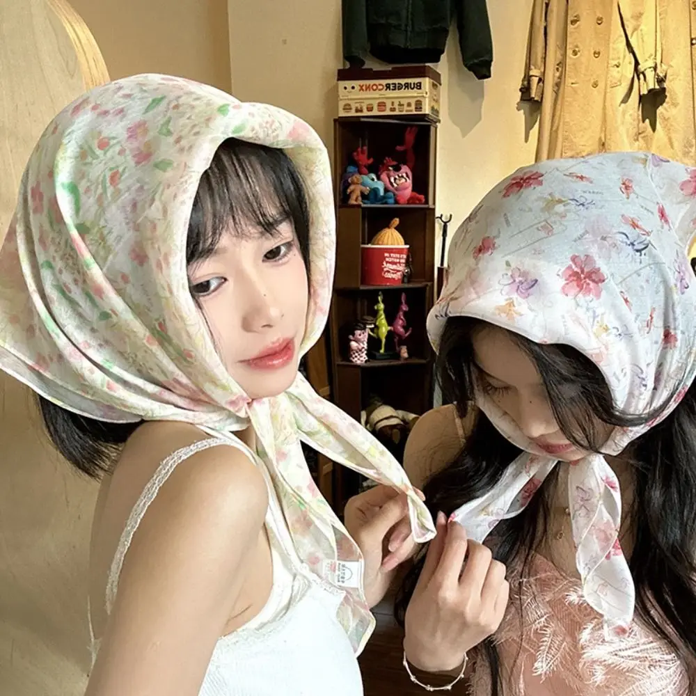 

Шарф для волос с цветочным принтом, эластичный, в пасторальном стиле, мягкая ткань, треугольный, пляжный