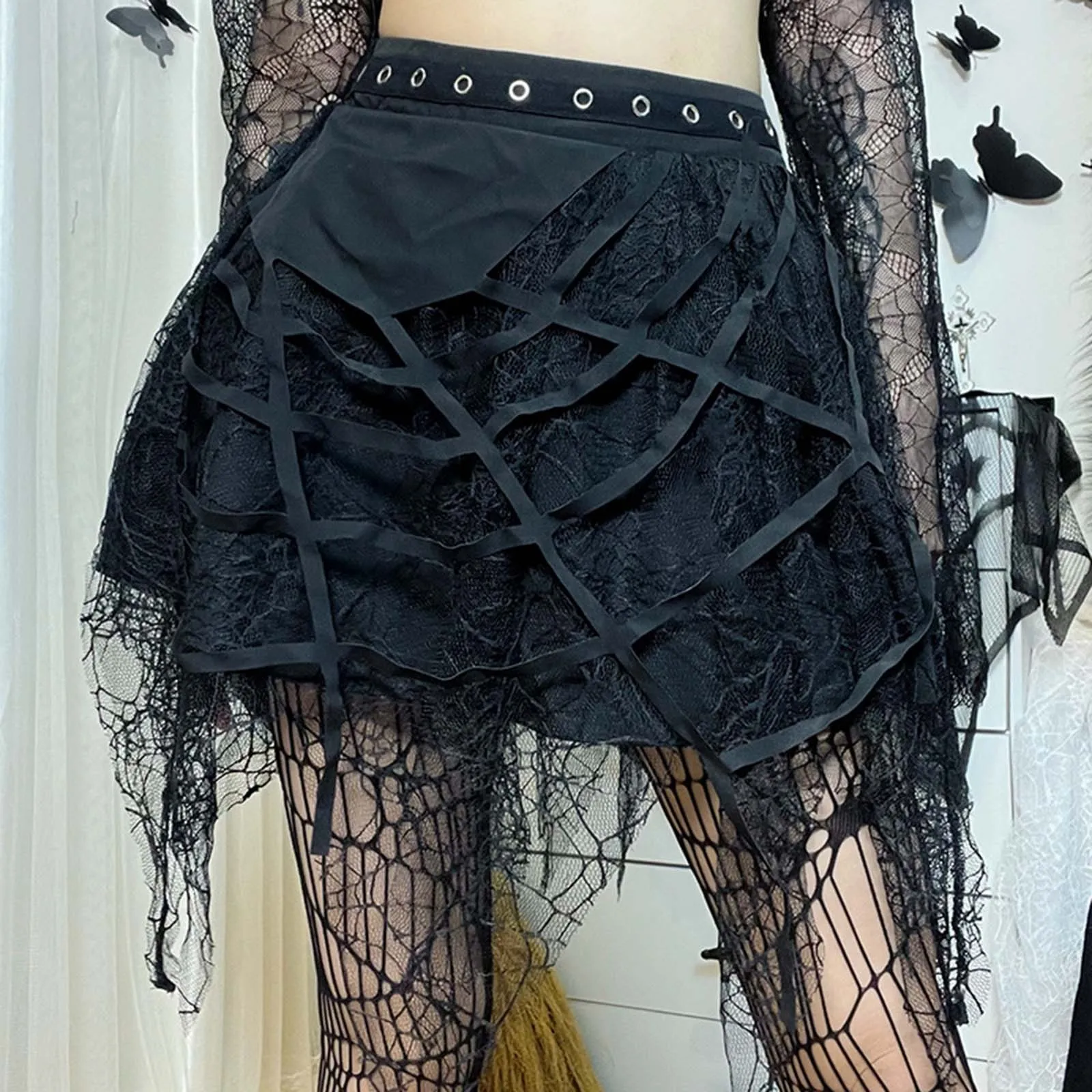 

Gothic Black Dark Spider Web Punk Mesh Tassel Mini Skirts Mall Gothic High Waist A-line Skirt For Women Eyelet Party Alt Clothes