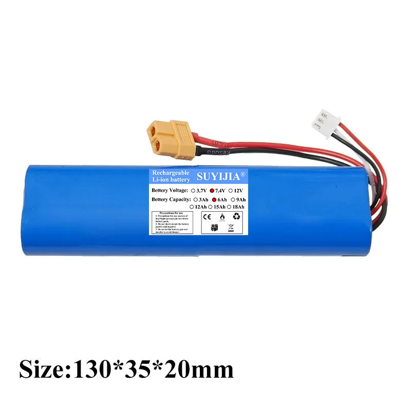 Batterie Li-ion 7.4V 6000mAh XT60 pour char Henglong 1/16 RC avec connecteur XT60 et câbles silicone.