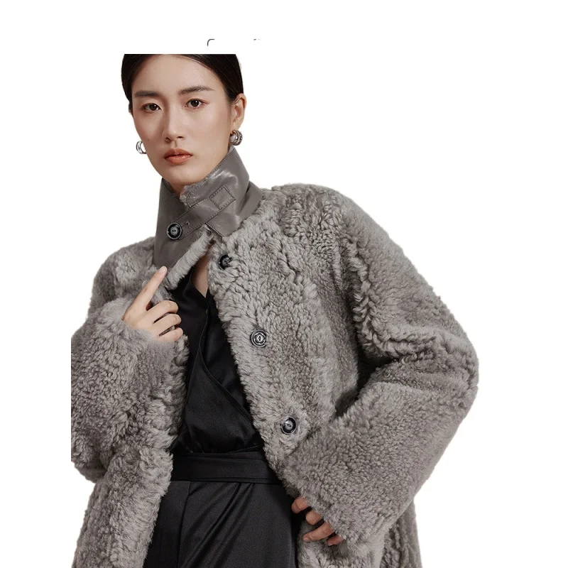 

Women's Winter Bomber Locomotive Jackets Genuine Sheepskin Leather Coats Real Double-faced Fur Outdoor Clothes Black Grey
