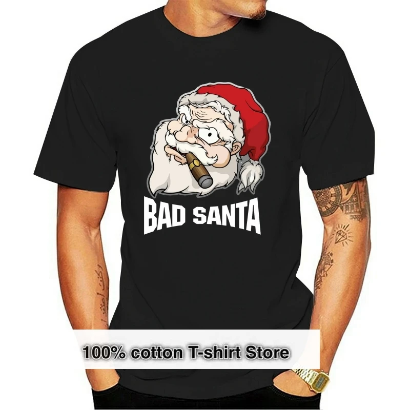 

Bad Santa Claus Smoking Cigar Looking Angry Mens T-Shirt Harajuku Hip Hop Tops Tee Shirt