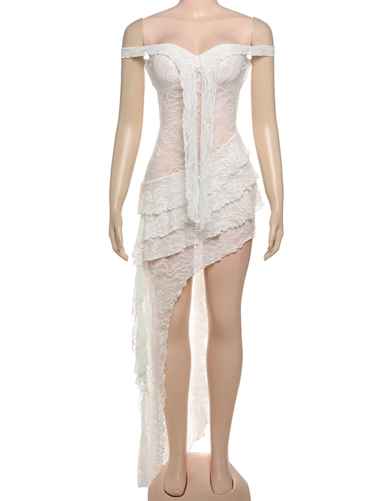 Nibber Sexy rregular Tierred Dress Women Mesh Patchwork Slash Neck Lace-Up Backless Midnight Banquet Party Elegant Long Bodycon