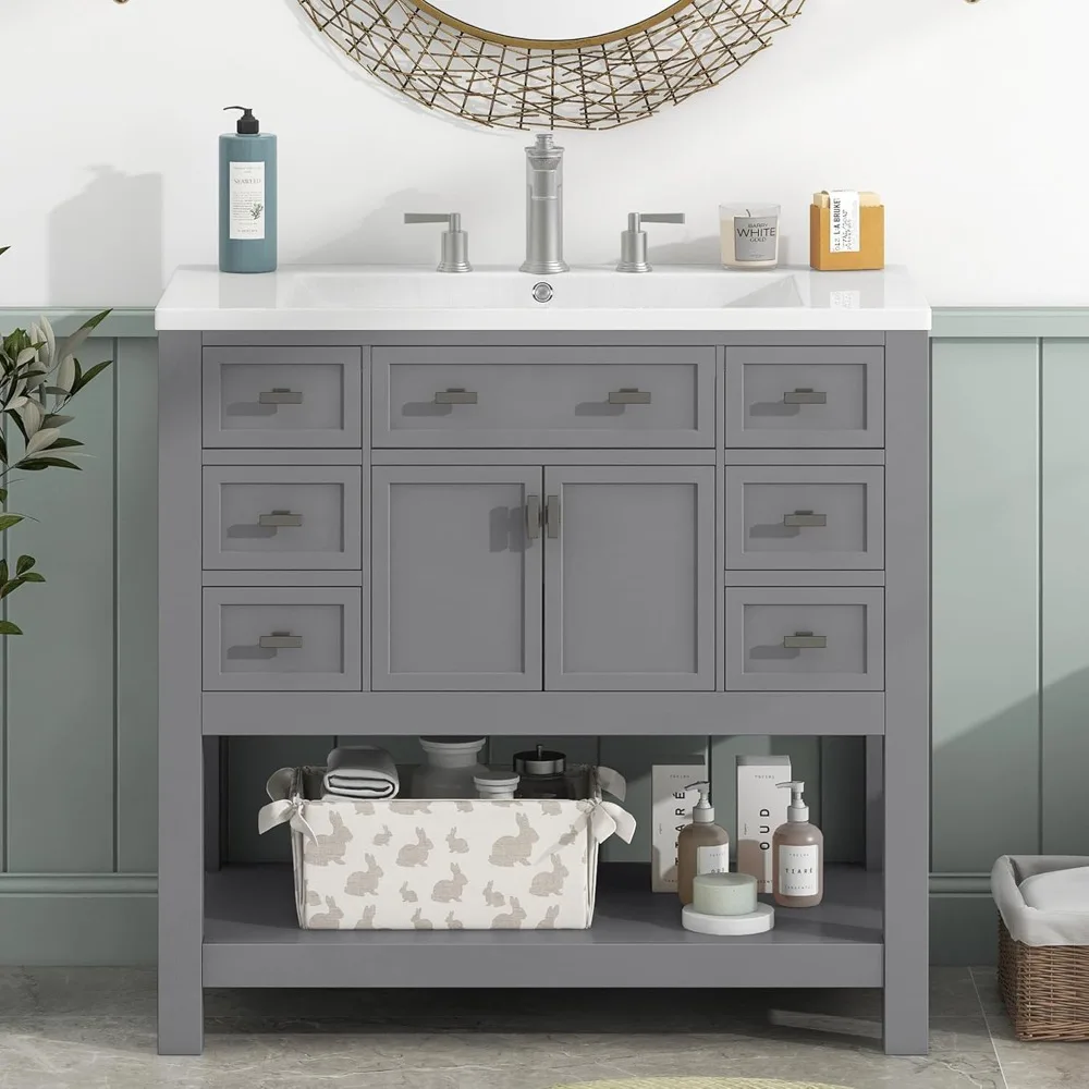 36" Bathroom Vanity with Sink, Bathroom Storage Cabinet with Soft Closing Doors and 6 Dovetail Drawers, Modern Vanities