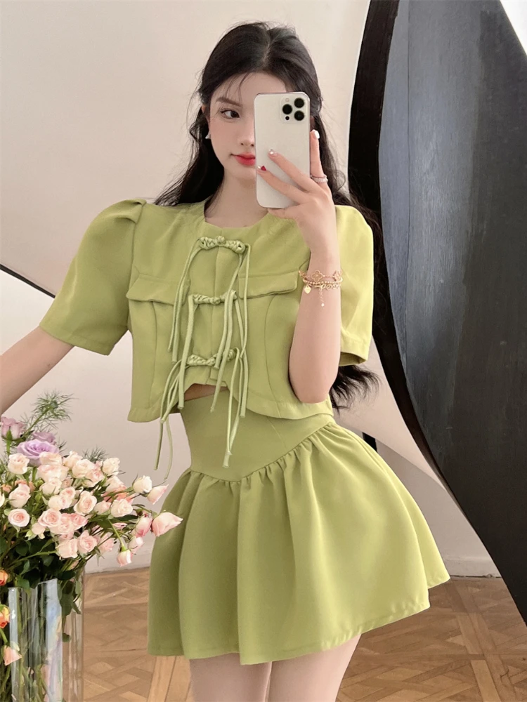 Chinese Style Fashion Two-piece Suits Women Summer New Buckle Crop Tops High Waist Mini Skirts Sets Woman