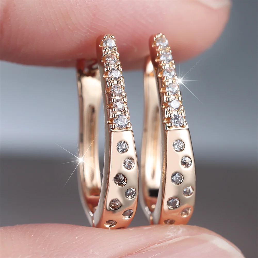 White Zircon Small Round Stone U Shape Hoop Earrings For Women Vintage Gold Color Ear Buckle Wedding Jewelry Engagement Gifts