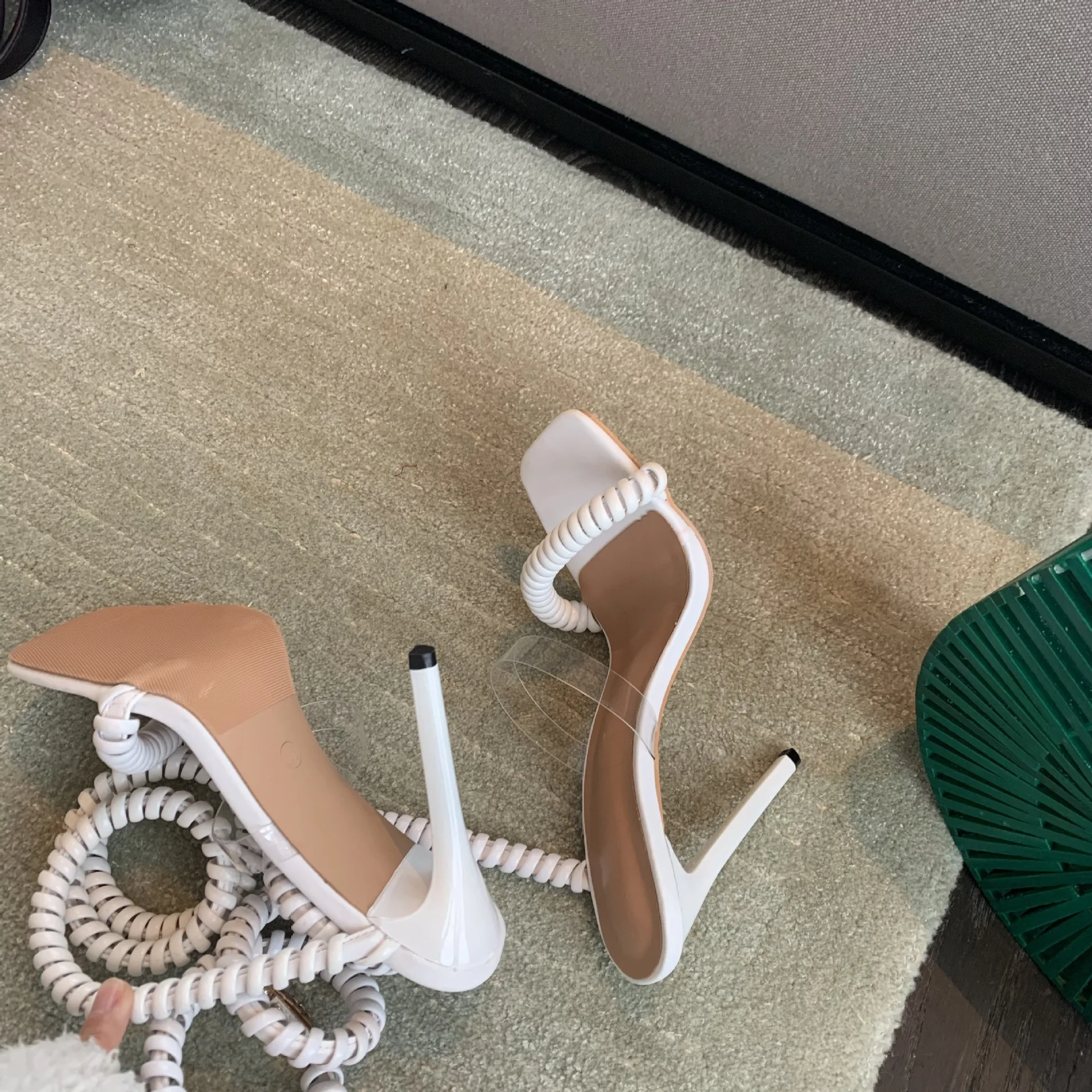 Phone cord Runway. Women's Sandals. Square Toe Snake Ankle Strap Designer Sandals. 2022 Hot Thin High Heels Stretch Sandals. adies Crystal Shoes