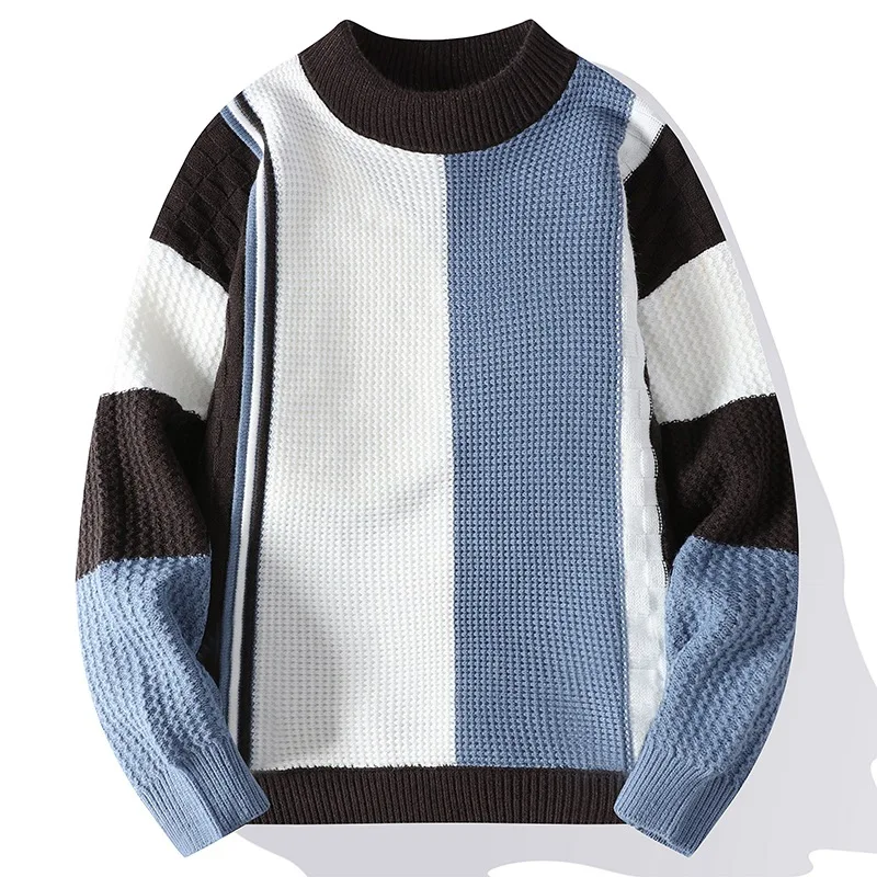 

#4372 Autumn Winter Knitted Pullover Men Spliced Color Basic Sweater Round Neck Knitwear Men Sweaters And Pullovers Warm