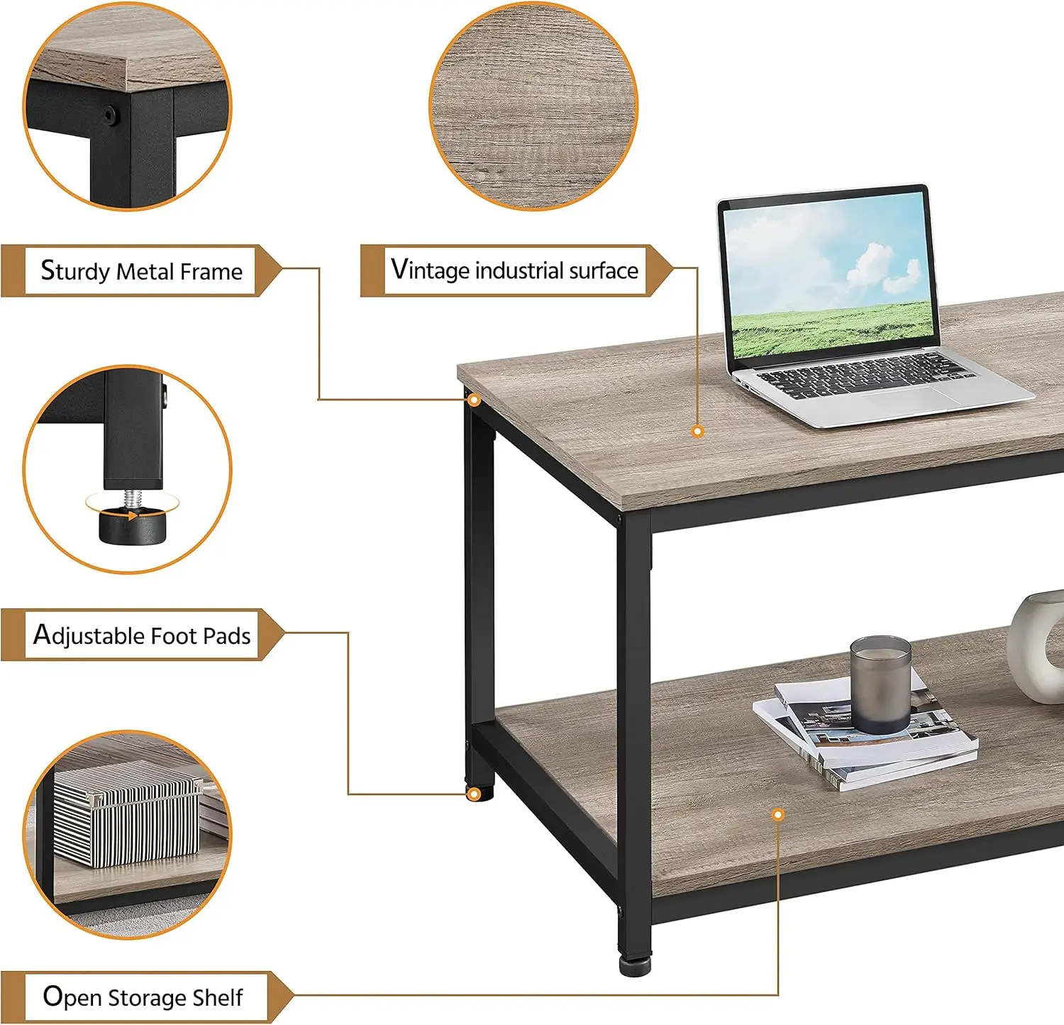 Coffee Table with Storage Shelve, Industrial Gray Coffee Table, Easy Assembly, Wooden Coffee Table for Living Room, Gray 5
