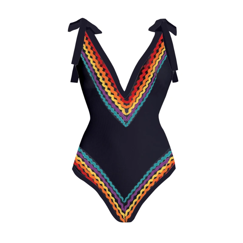 2023 Black One Piece Swimsuit For Women Colorful Line Decoration Design Swimwear Deep-V Neck Tie Monokini Summer Beachwear