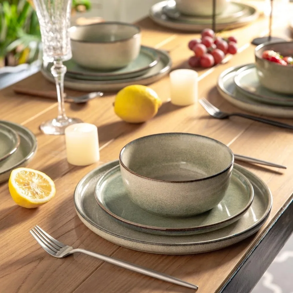 AmorArc Stoneware Dinnerware Sets,Round Reactive Glaze Ceramic Plates and Bowls Set,Highly Chip and Crack Resistant Dishwasher