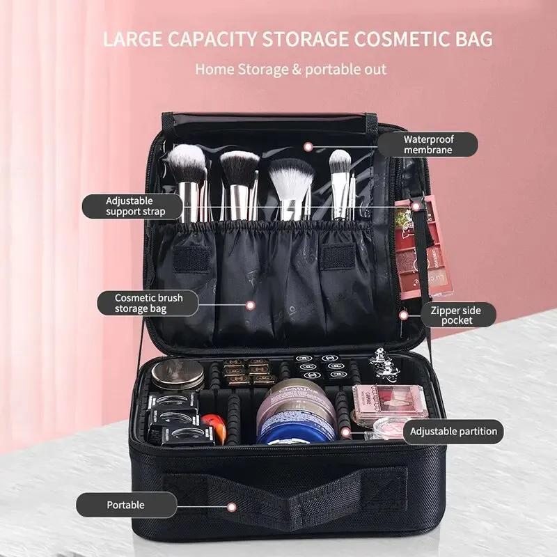 Travel Makeup Bag, Double Layer Portable Cosmetic Bag With Adjustable Dividers, Waterproof Makeup Case, Cosmetics Accessories