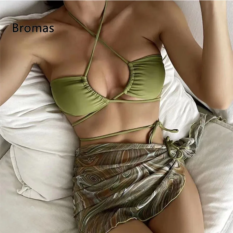 

Swimwear 2023 Women Sexy Lace Up Bikini Sets With Skirt Female Print Low Wais Swimsuit Beach Bathing Suit
