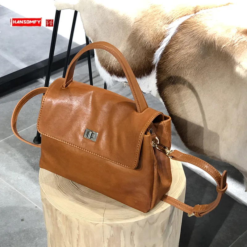 

2022 New Retro Genuine Leather Women's Handbags Small Square Messenger Bag Female Shoulder Crossbody First Layer Cowhide Bags
