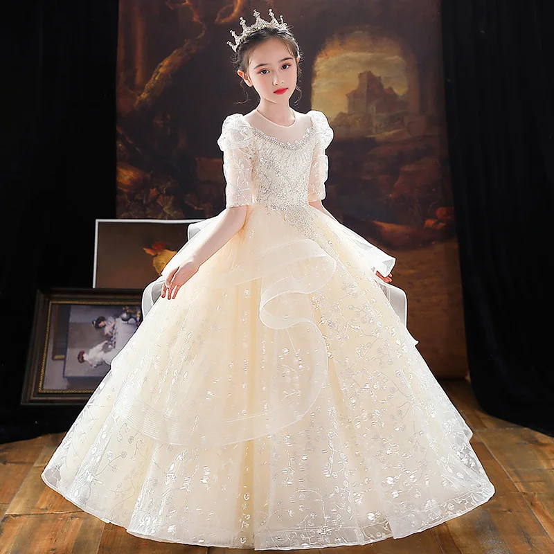 

Champagne Princess Girls Dress for Wedding Birthday Party Runway Show Fluffy Gauze Host Piano Performance Dress Formal Dress