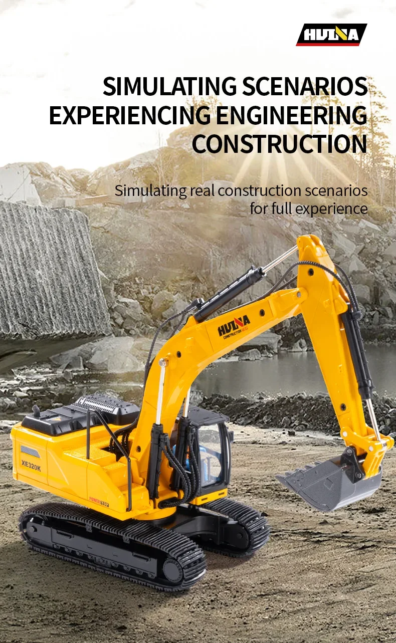 S31bc52b2ae674e07b48303e6e49480c3V Huina Nowy produkt Statyczna koparka zrzutowa Symulacja pojazdu inżynieryjnego 1:35 Dekoracja zabawek dla dzieci Bez pilota