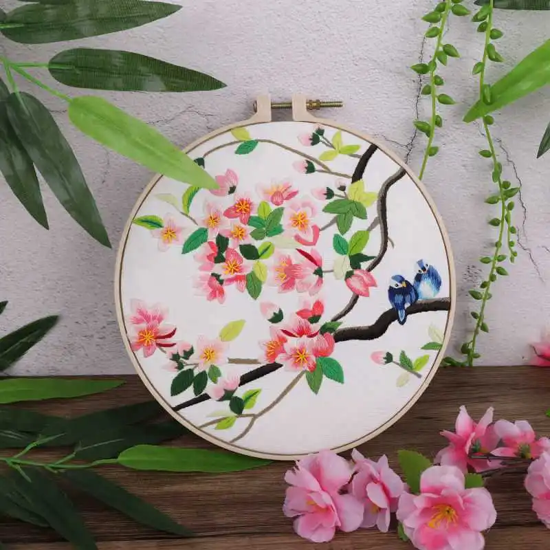 DIY Flower Chinese Embroidery Kit Cross Stitch Bamboo Hoop Needlework Handmade Sewing Art Craft Painting Home Decor