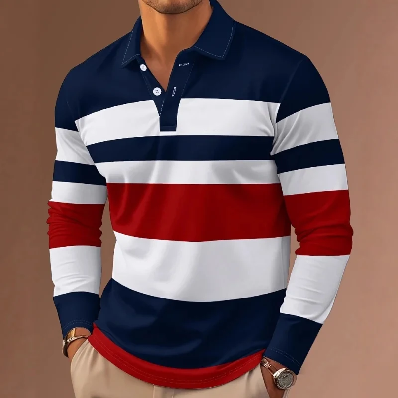 Polo a maniche lunghe a righe multicolori alla moda per uomo, camicia casual elegante con colletto slim fit per tutti i giorni - immagine 4