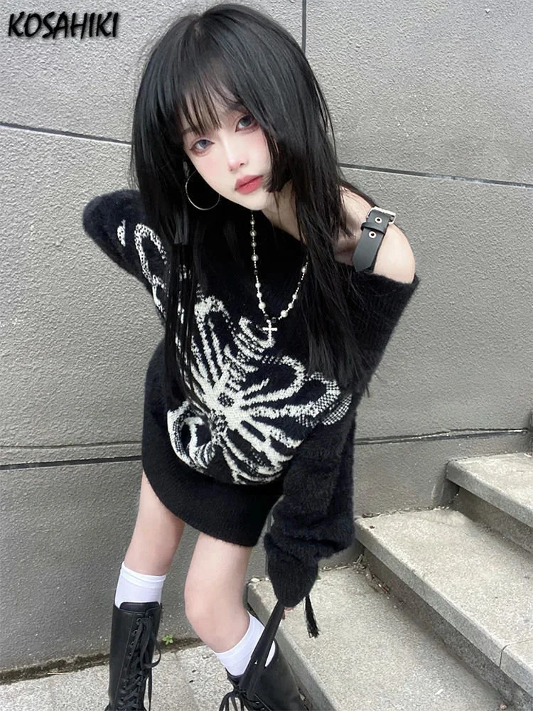 

Grunge Sweater Streetwear Y2k Ahetic Blackpullover Skull Print Gothc Women Jumper Harajuku Loose Knitwear