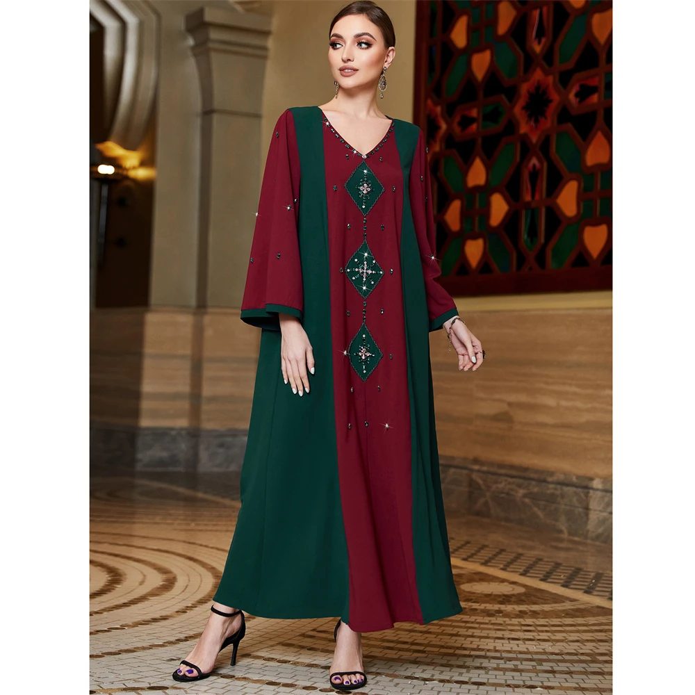 

New Luxury Hand Sewn Diamonds Abaya for Women Morocco Eid Party Dress Dubai Turkey Kaftan Islamic Clothing Robe Ramadan Jalabiya