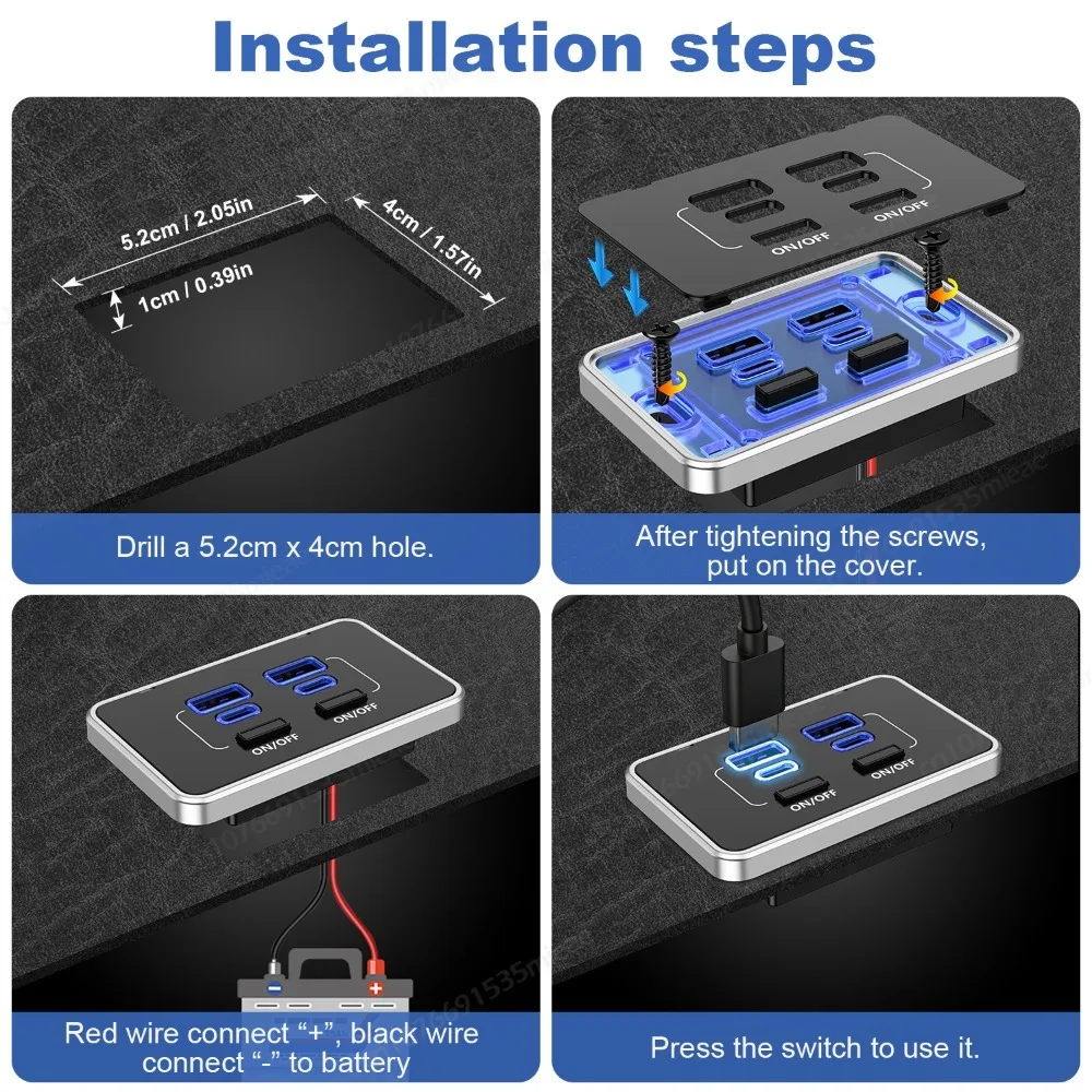 4-Port 78W High-Speed USB Charger Panel with Dual PD Type-C & QC3.0 Ports and Switch