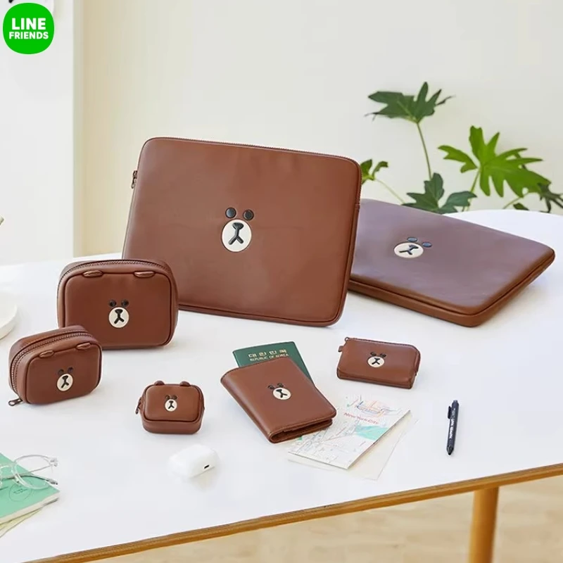 

13 16 Inch Line Friends Leatherlike Series Cartoon Laptop Bag Kawaii Laptop Protective Cover Anime Brown Computer Decoration Bag