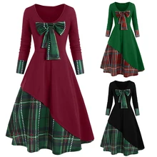 

Women Casual Plus Size Dress Long Sleeve Plaid Patchwork A-line Dress Autumn Winter Bowknot Vintage Fashion Dress