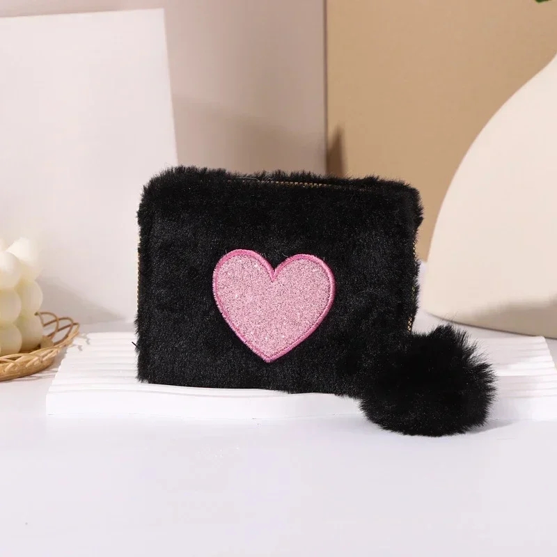 Women's Cute Plush Heart Print Wallet Zipper Coin Purse ID Credit Card Holder Clutch Bag Mini Purse Coin Pouch Card Wallet 3