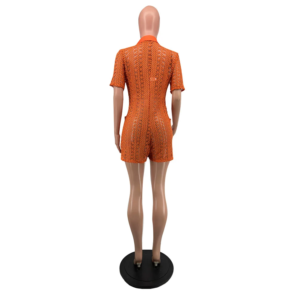 Ladies Summer Hollowed Out Jumpsuit Women Beach Cover Up Solid Color Sexy Hand Hook See Through Knitted Jumpsuit