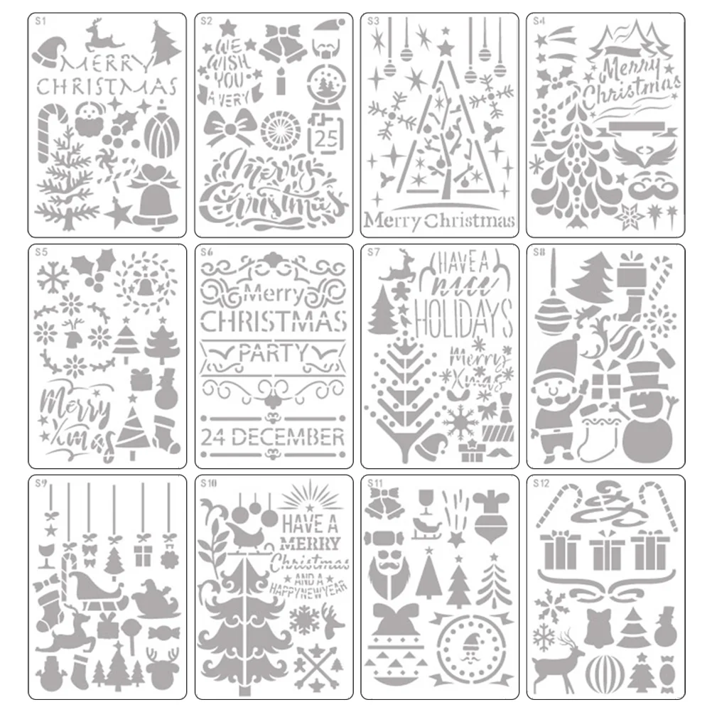 

12 Pcs Christmas Template Drawing Stencils Reusable Hollow Out DIY Pet Plastic Painting