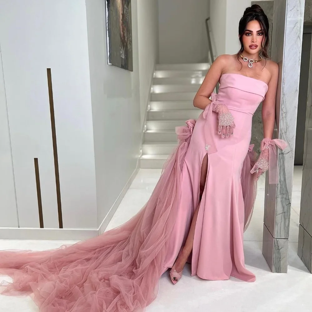 Jiayigong Sparkle  Prom Jersey Bow Evening A-line Strapless Bespoke Occasion Gown Long Dresses