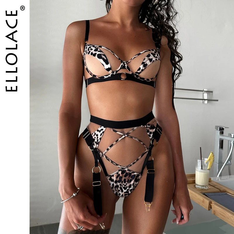 

Ellolace Leopard Lingerie Sensual Underwear 3-Piece Sheer Lace Patchwotk Intimate Transparent Bra And Panty Set Fancy Outfits