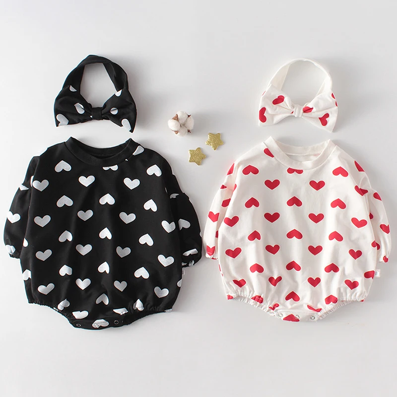 

2024 Spring Newborn Baby Clothes Baby Love Long Sleeve Jumpsuit Climb Clothes Clothing Baby Cotton Bow headband Valentine's Day