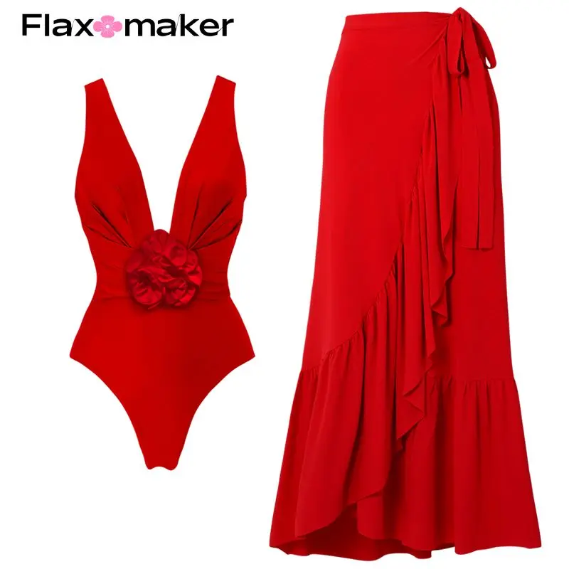 Flaxmaker 2024 3D Flower Ruffle One Piece Swimsuit and Skirt Summer Swimwear Women Beachwear Bathing Suit