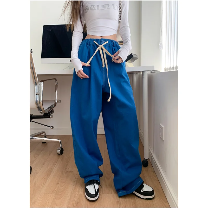 

Women Blue Sweatpants Cargo Pants Solid Fashion High Waist Straight Casual Baggy American 2023 Summer Female Wide Leg Trouser