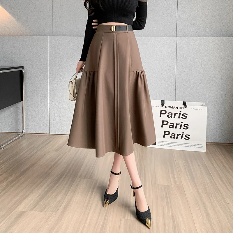 

Long Skirt Brown Korean Fashion High Waist Black Midi Skirt Women 2023 New Elegant A-line skirt Girls Pleated Skirts