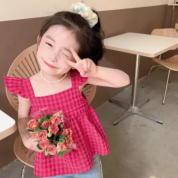 Kids Girls Plaid Dress Summer Sleeveless Ruffle Shoulder Dresses And Top Toddler Girl Elegant Dress Fashion Girls Clothing 3