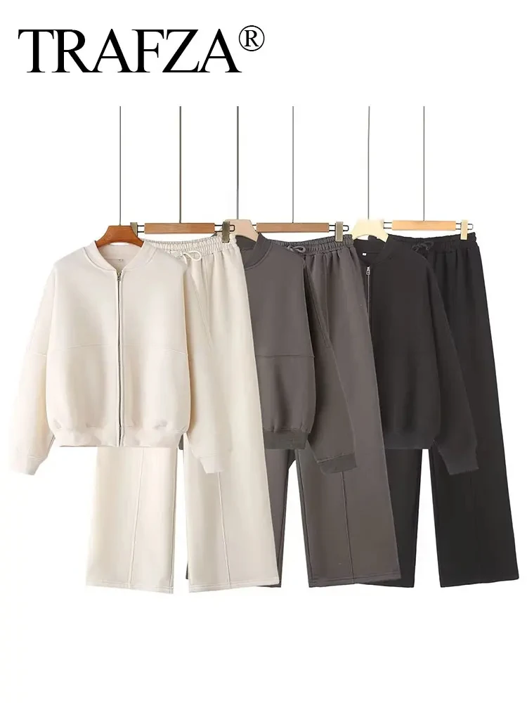 TRAFZA 2024 Autumn Women's Thick Hoodie Coat + Drawstring High Waist Loose Casual Pants Set Lined Fleece Woman's Clothing Street 2