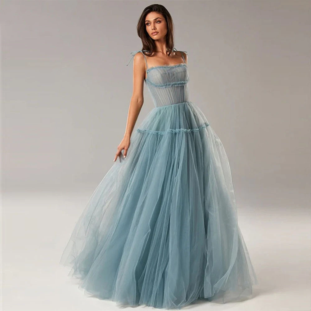 

Luxurious Sexy Tube Top Dusty Blue Square Neck A Line Prom Dresses Spaghetti Straps Tulle Floor Square Neck Evening Dresses Robe