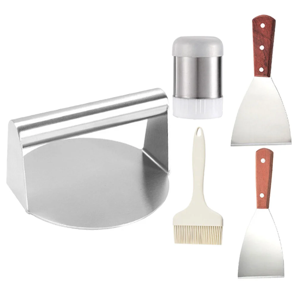 

1 Set of Burger Press for Griddle Heavy-duty Stainless Steel Meat Press with Spatula Brush and Seasoning Bottle Barbecue