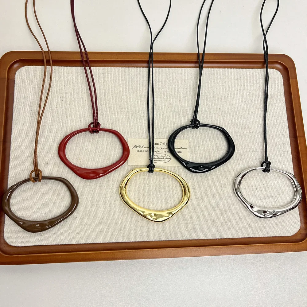 Luxury Irregular Pendant Long Leather Rope Necklace for Women Female Vintage Geometric Adjustable Versatile Sweater Chain