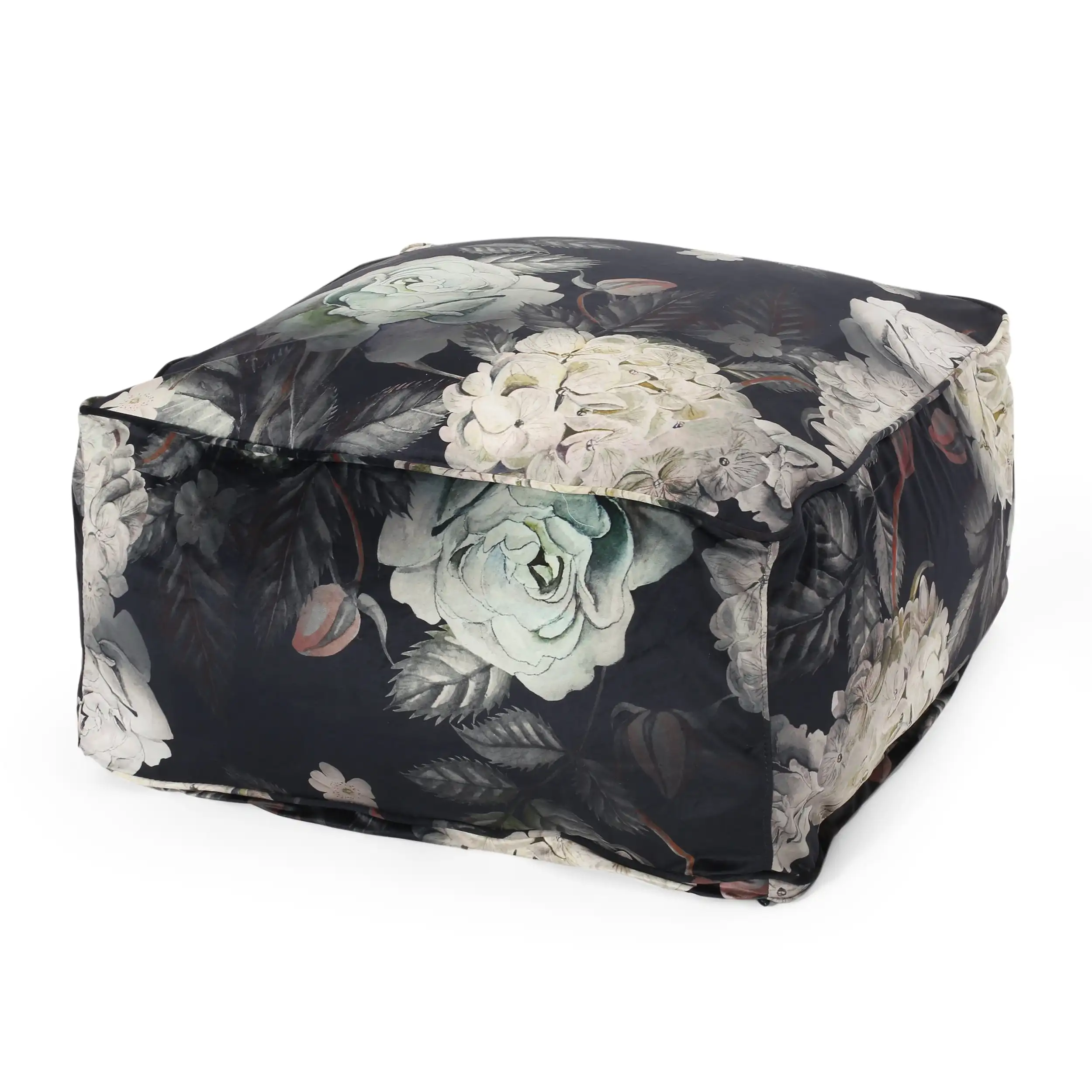 

Noble House Luxurious Refined Fashionable and Elegant Floral Plush Fabric Pouf Black