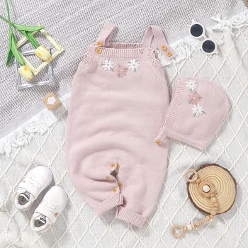 Newborn Baby Romper Knit Infant Girl Jumpsuit Fashion Embroidered Florals Toddler Kid Clothes Hat 0-18M Overalls Sleeveless 2pcs 1