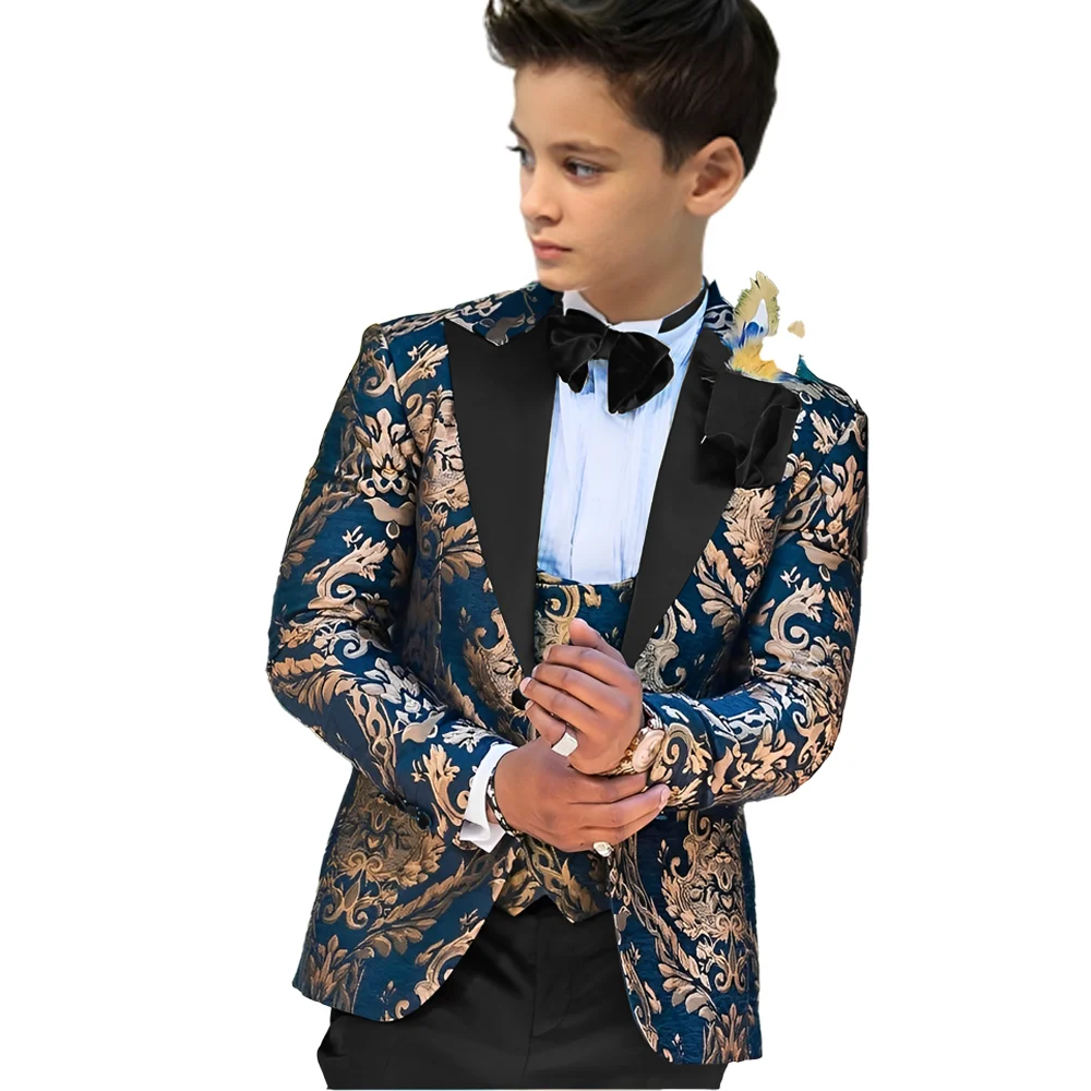 Gold-stamped Navy blue Boy Suit 3-piece Set High quality Kids Wedding Tuxedo Top Custom Jacket 2-16 Years Old Suit Boy - Image 2
