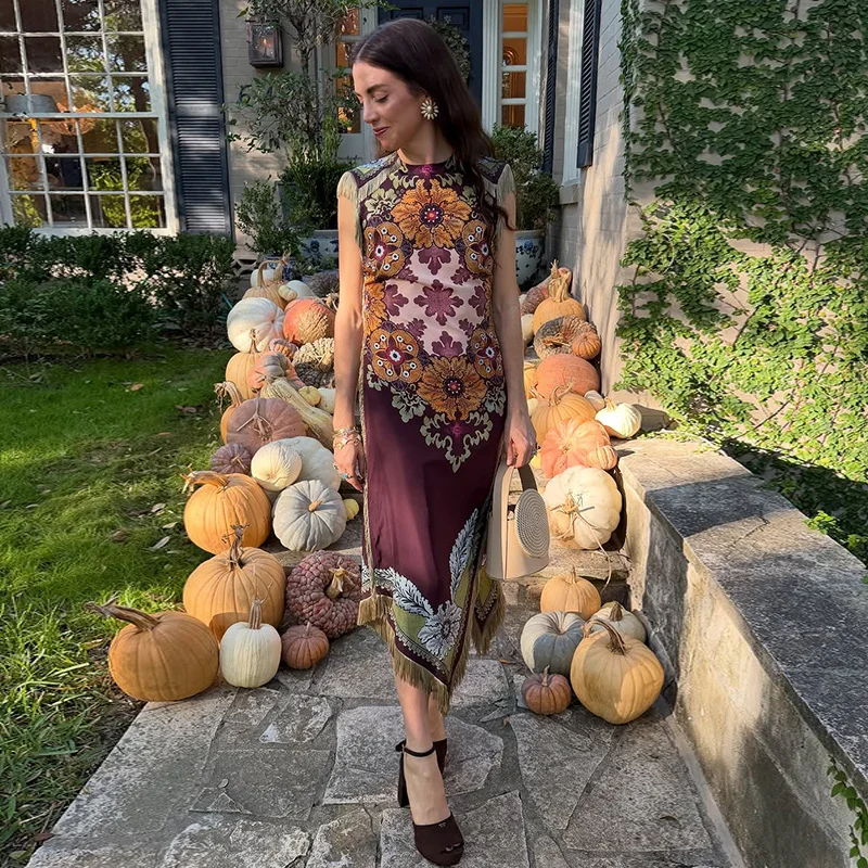 Holidays Printed Women's Dress Sexy Fringed Sleeveless Slim Irregular Female Dresses 2026 Spring Summer Chic Split Lady Robe S31be188441a4434dba26a29b2b8770f2p