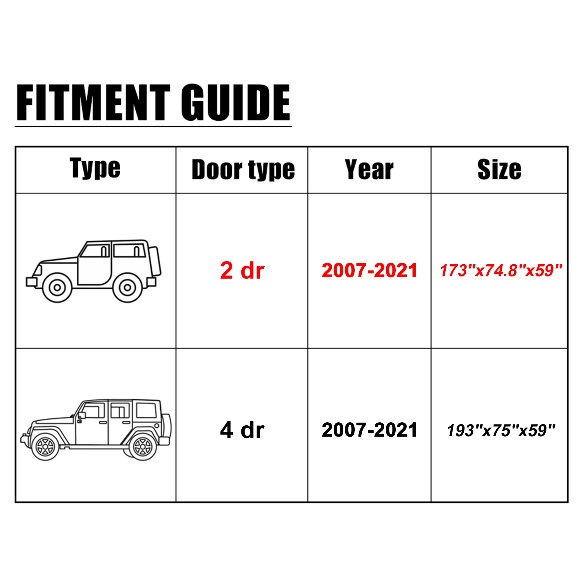 Housse De Protection Sur Mesure Pour Jeep Wrangler 2 Portes - Tissu Oxford 210D, Dimensions 440x190x150 Cm