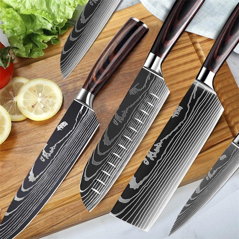 Kitchen Knife Sets, 10PCS Japanese Damascus Pattern Stainless Steel 7CR17  Resin Handle Chef's Knife Cleaver Slicing Kitchen Accessories (Color 