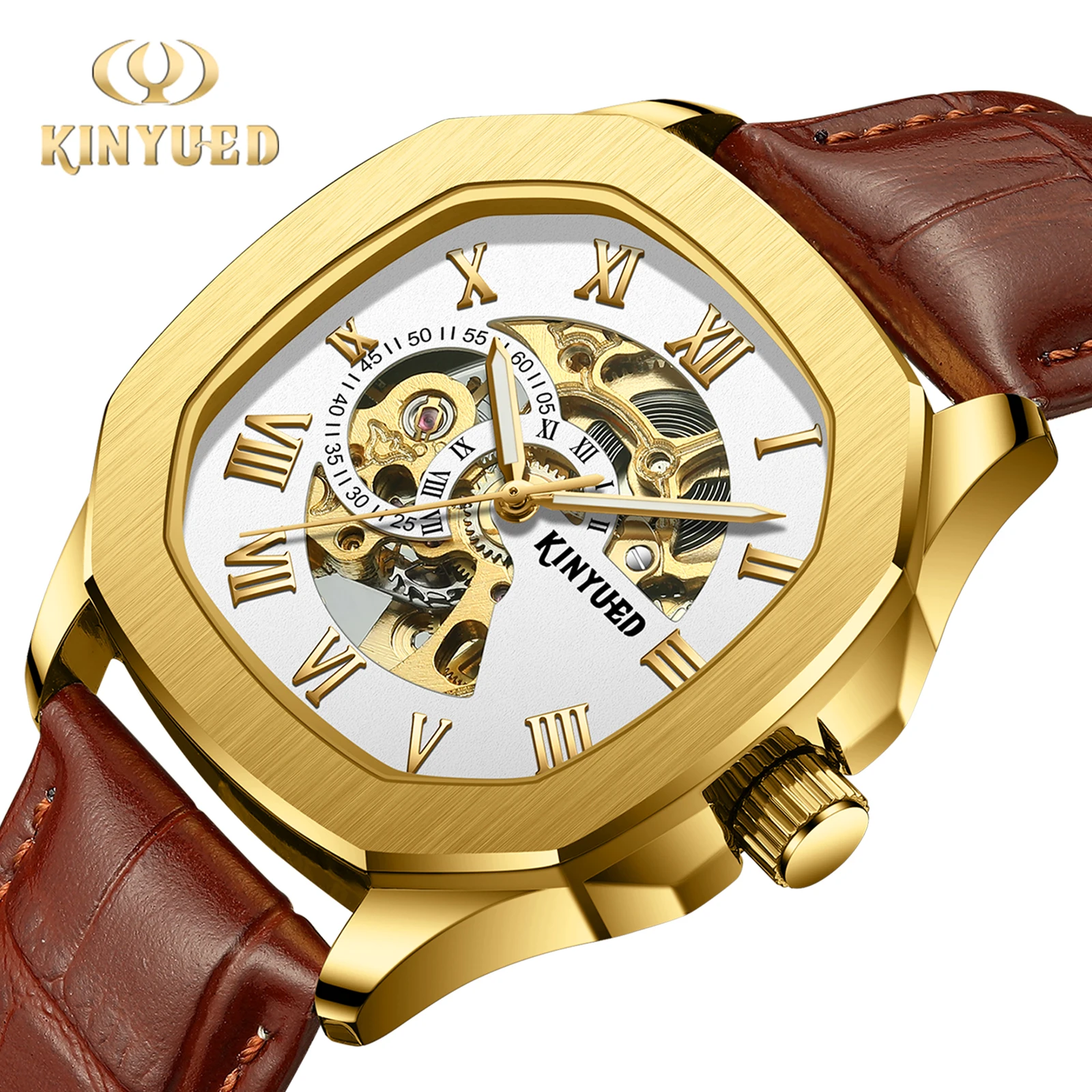 

KINYUED Men Watches Automatic Mechanical Watch Leather Tourbillon Sport Clock Casual Business Relojes Hombre Retro Wristwatch