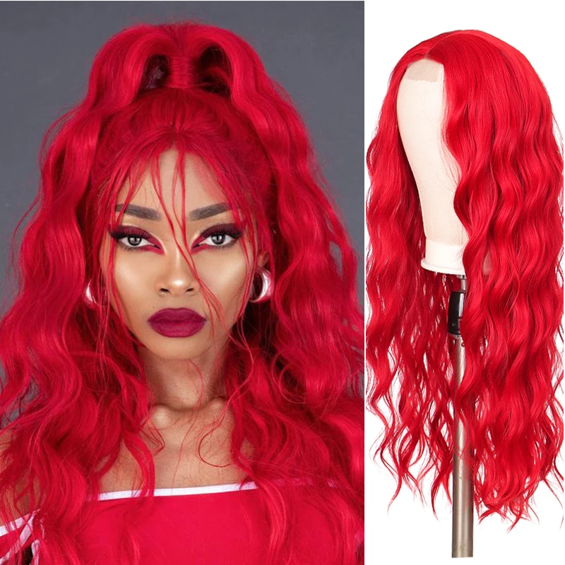 

MANWEI Red Wig Synthetic Ombre Long Wavy Body Wave Front Lace Heat Resistant Natural Hair Wigs For Women Cosplay