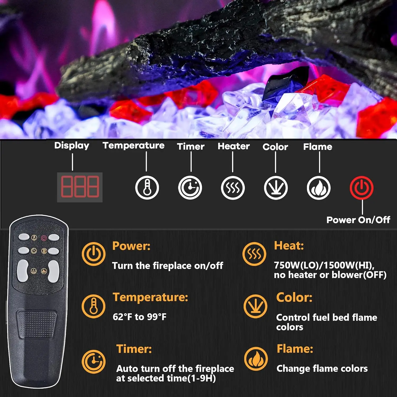 Electric Fireplace Inserts, Recessed and Wall Mounted Fireplace Heater, Linear w/Thermostat, Remote & Touch